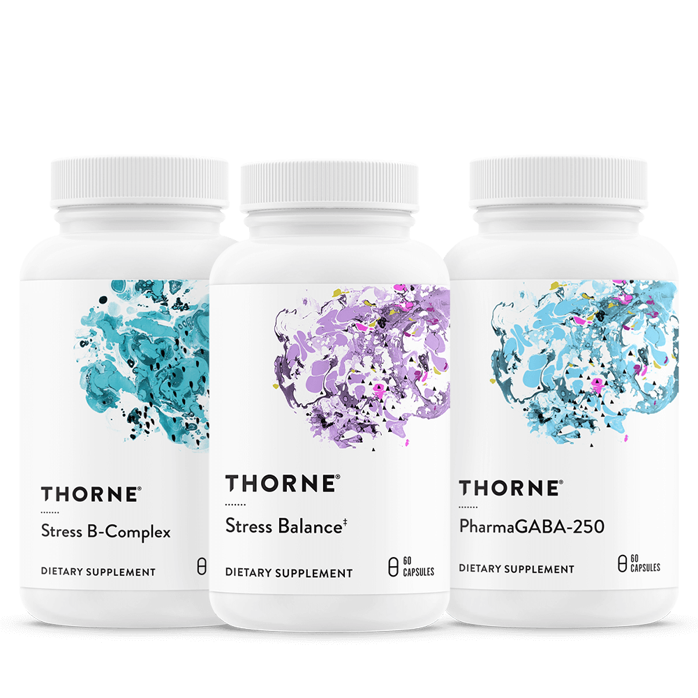 Three bottles of Thorne dietary supplements with colorful abstract artwork on the labels. The bottles are labeled Stress B-Complex, Stress Balance, and PharmaGABA-250, each containing 60 capsules.