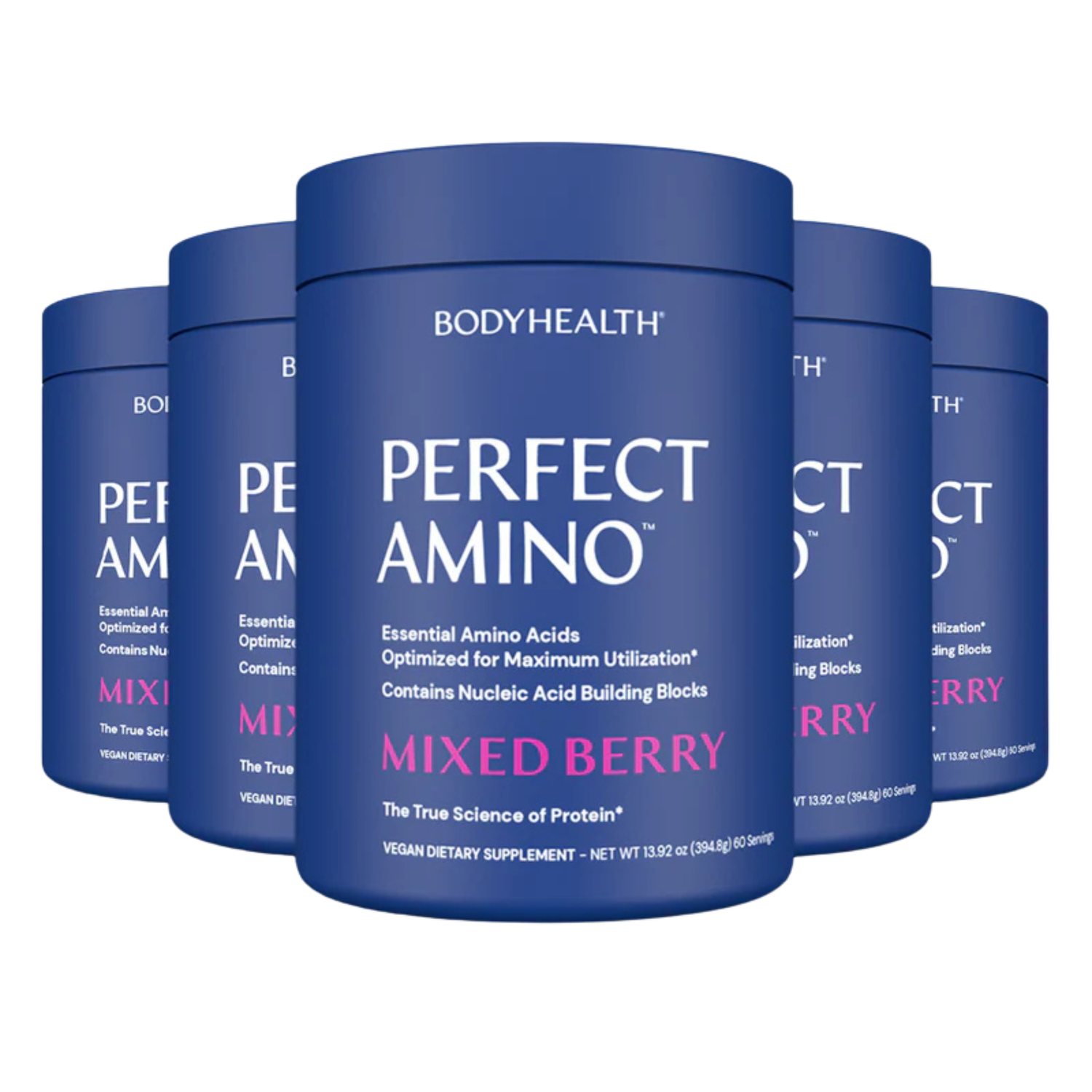 Multiple bottles of BodyHealth Perfect Amino dietary supplement in mixed berry flavor with blue packaging and white and pink lettering.