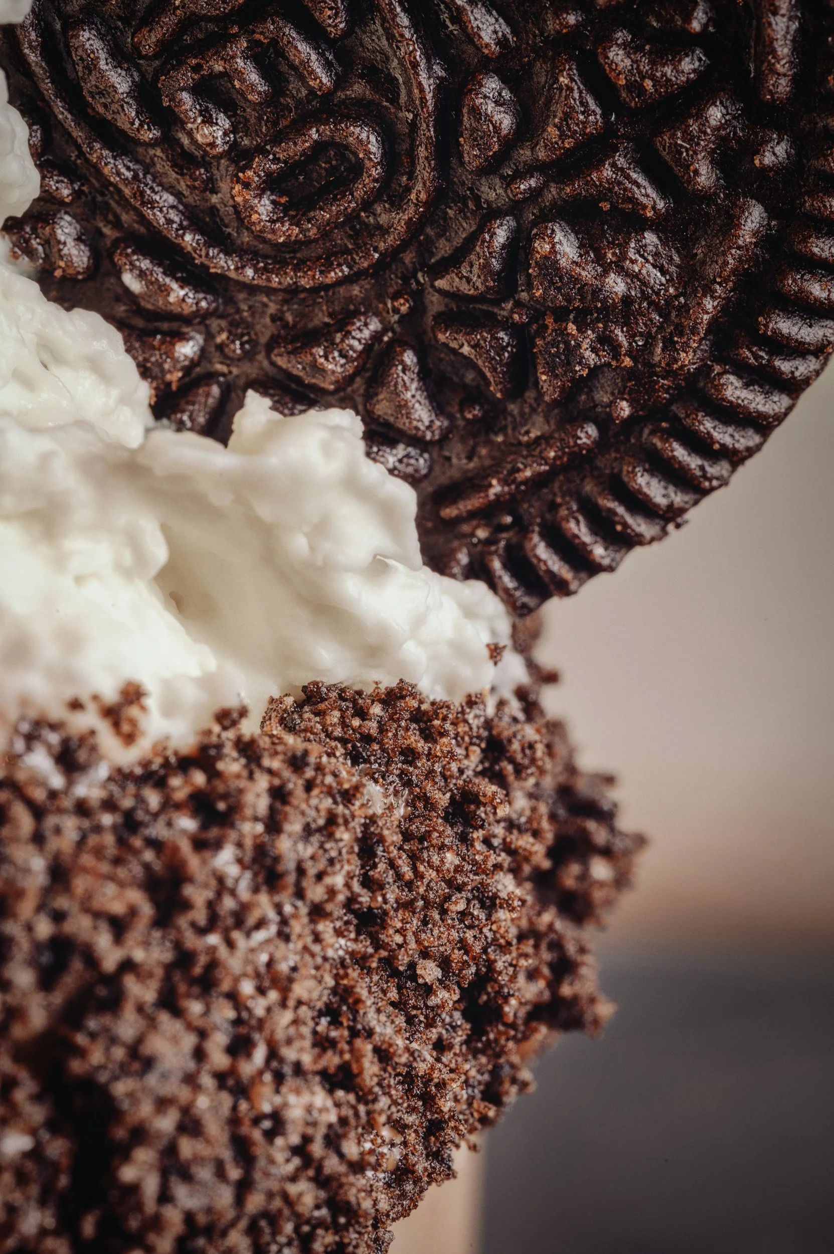 Close-up of a crushed Oreo cookie.