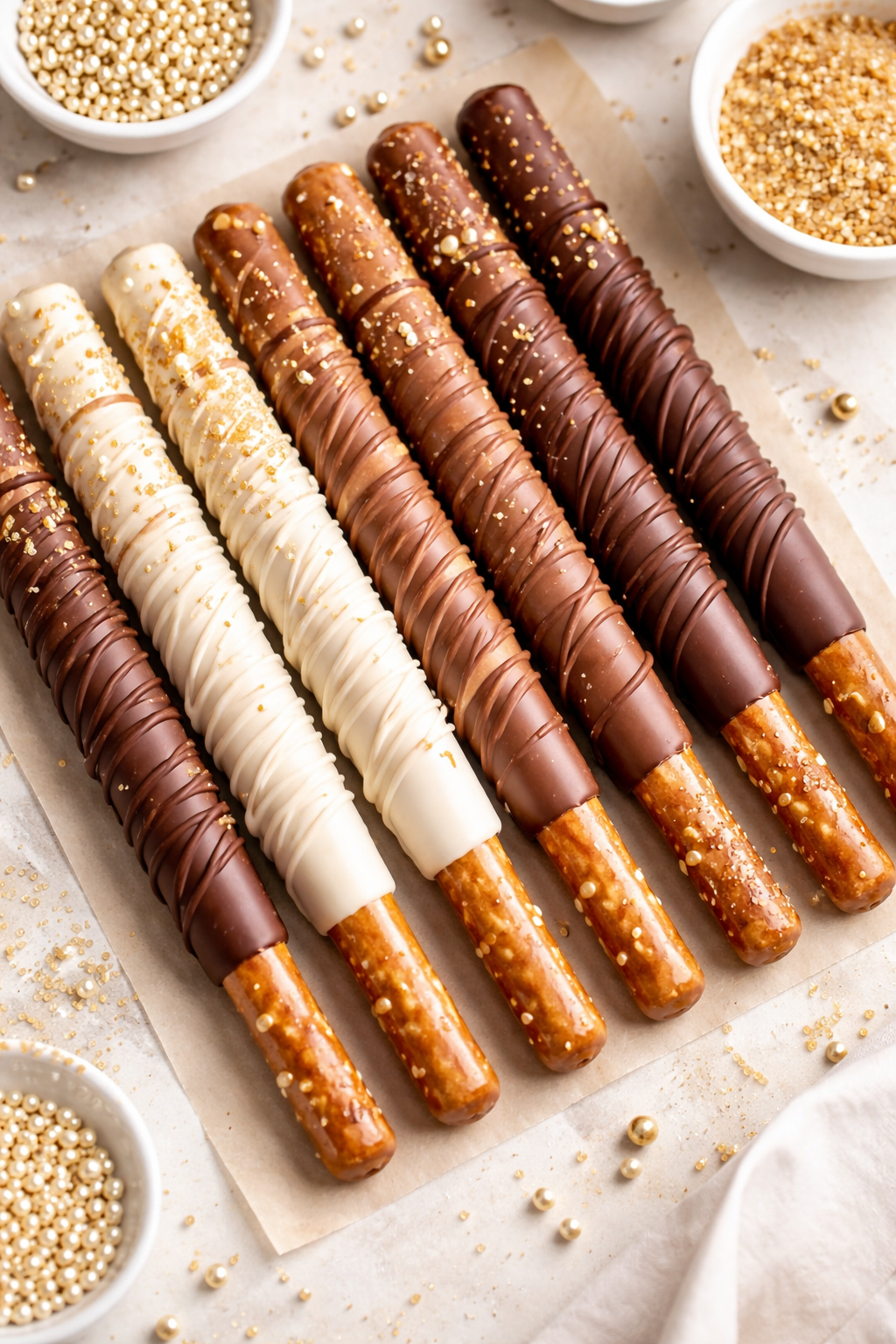 Chocolate and white chocolate dipped pretzel rods sprinkled with gold and white pearl sprinkles, arranged on parchment paper with bowls of pearl sprinkles around.
