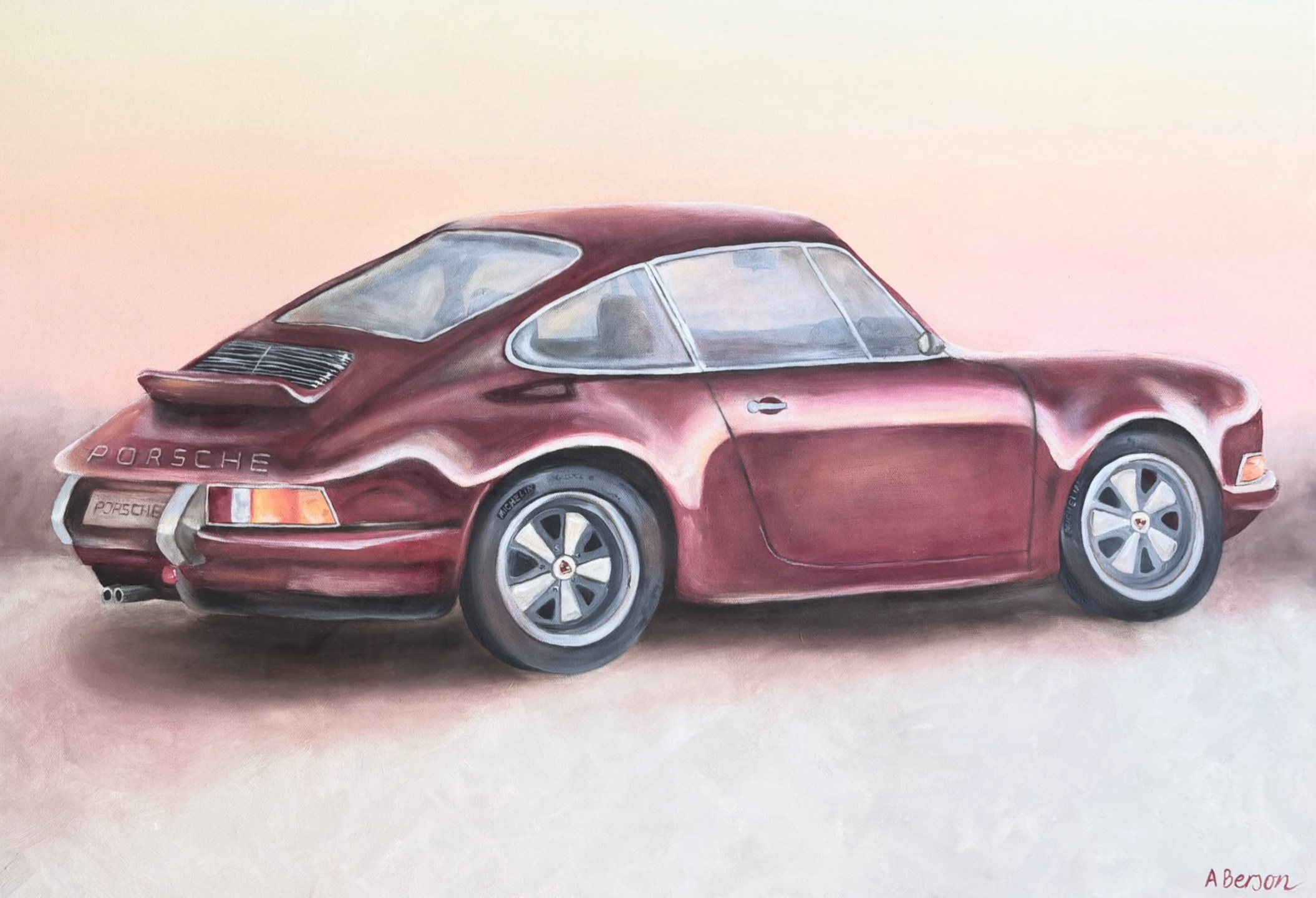 A painting of a maroon Porsche sports car viewed from the side against a pastel sunset sky background.