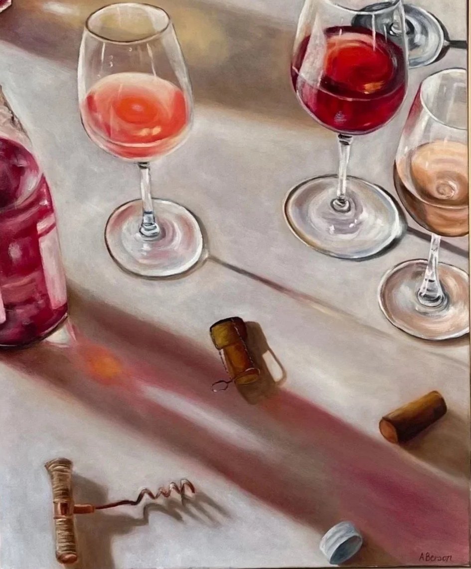 Painting of wine glasses, bottles, corks, and a corkscrew on a table.
