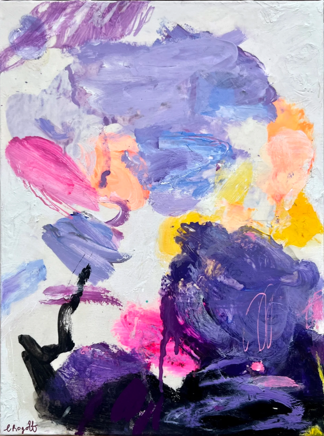 An abstract painting featuring bold, colorful brushstrokes in purple, pink, orange, yellow, and black on a white background.