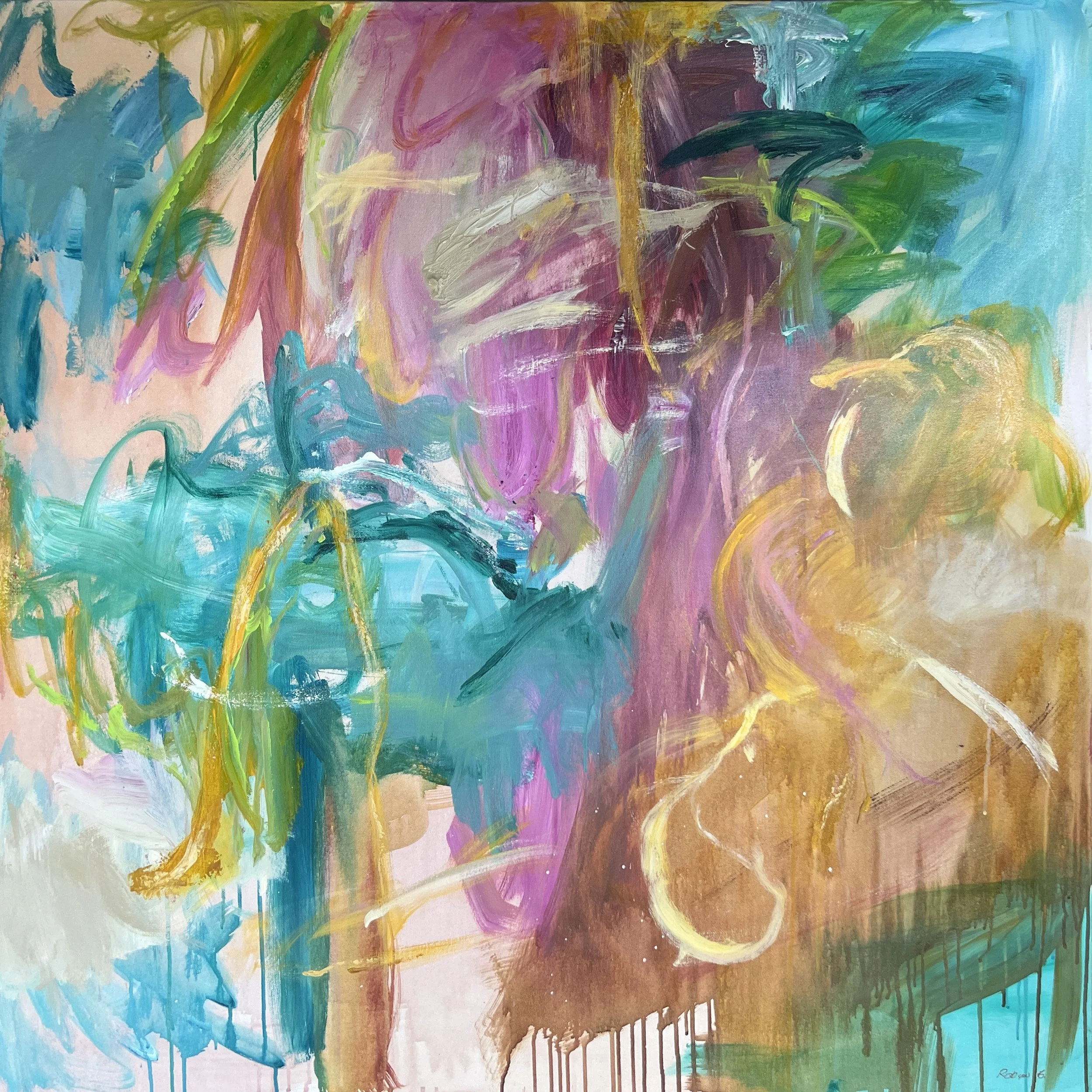 Colorful abstract painting with brushstrokes of pink, purple, blue, green, yellow, and white, featuring layered textures and drips of paint down the canvas.
