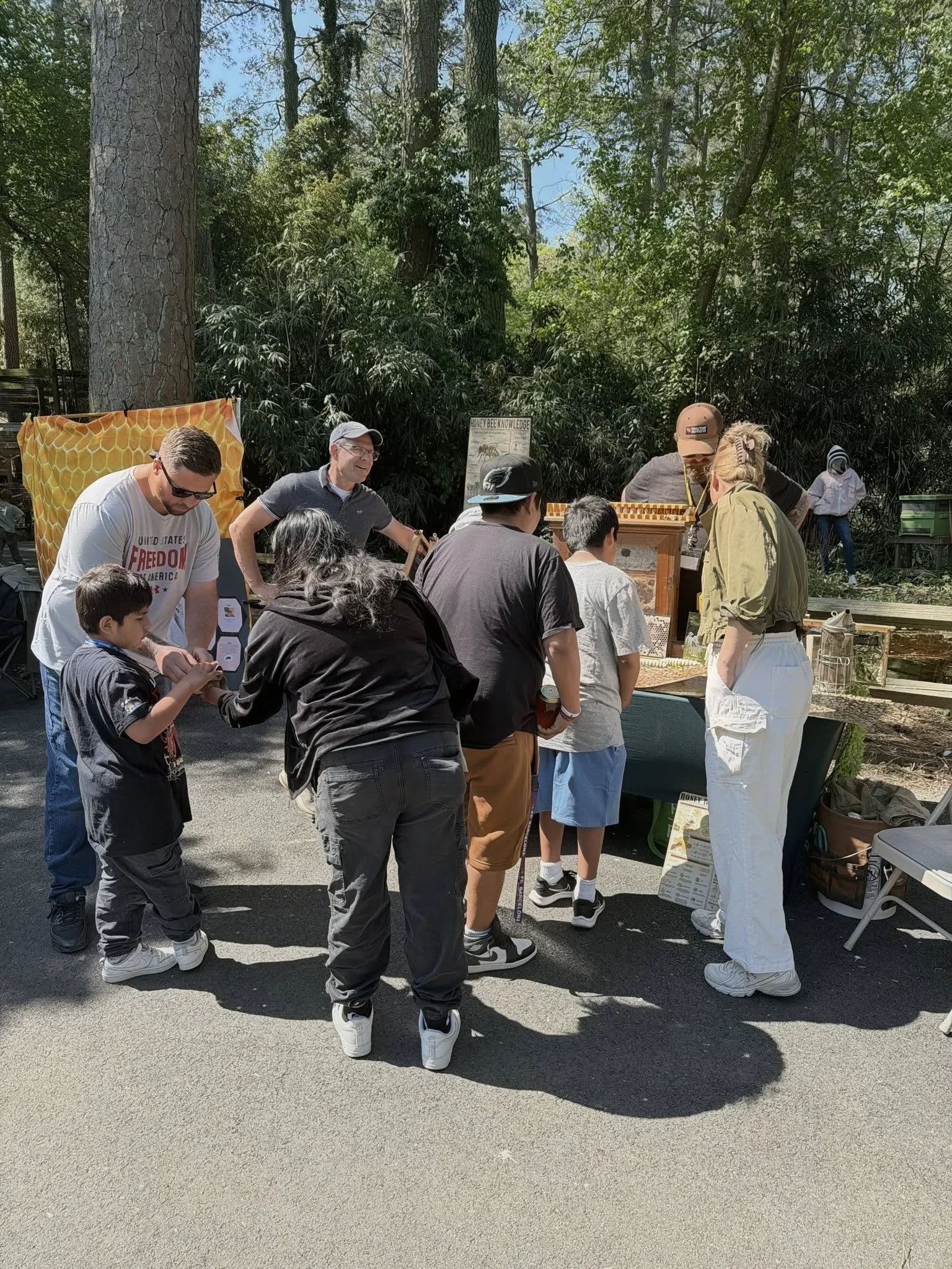 A group of people gathered around a honey bee display outdoors in a wooded area with tall trees and greenery.