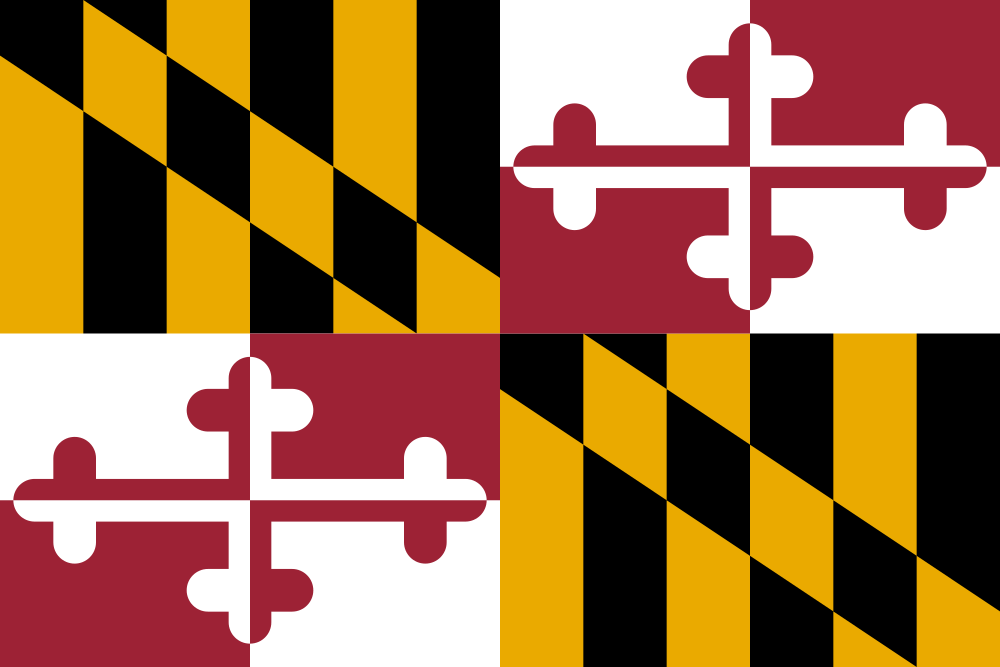 A digital image of the Maryland state flag, showing two quartered quadrants with alternating black and gold chevrons, and two quadrants with white and maroon cross bottony designs.