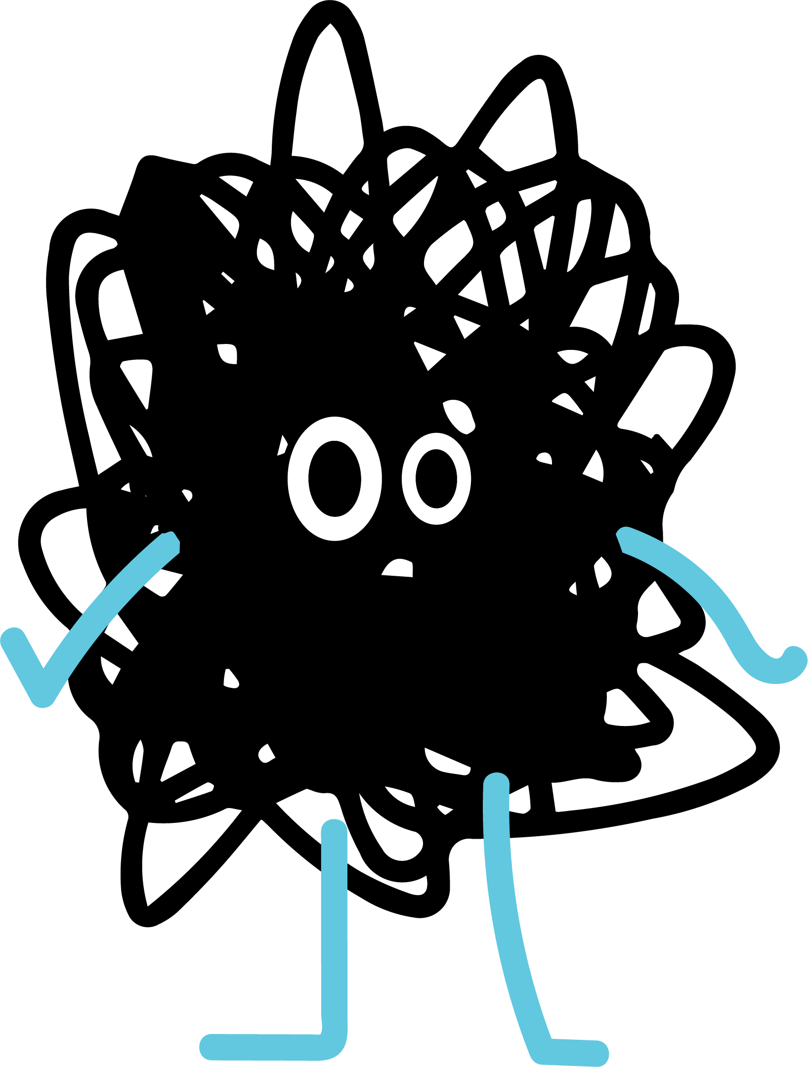 An animated black stick figure with white eyes and a blue outline