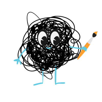Cartoon black circle character with eyes, a small blue smile, and blue limbs holding a paintbrush.