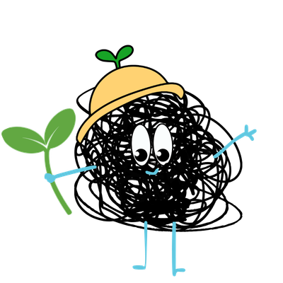 Cartoon sprout character with a yellow hat, green sprout on top, large expressive eyes, and thin blue arms and legs.