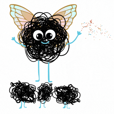 A cartoon character with fairy wings talking to a group of small scribble children releasing confetti