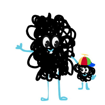 Cartoon character with large eyes, glasses, and colorful propeller hat, holding the hand of a smaller child