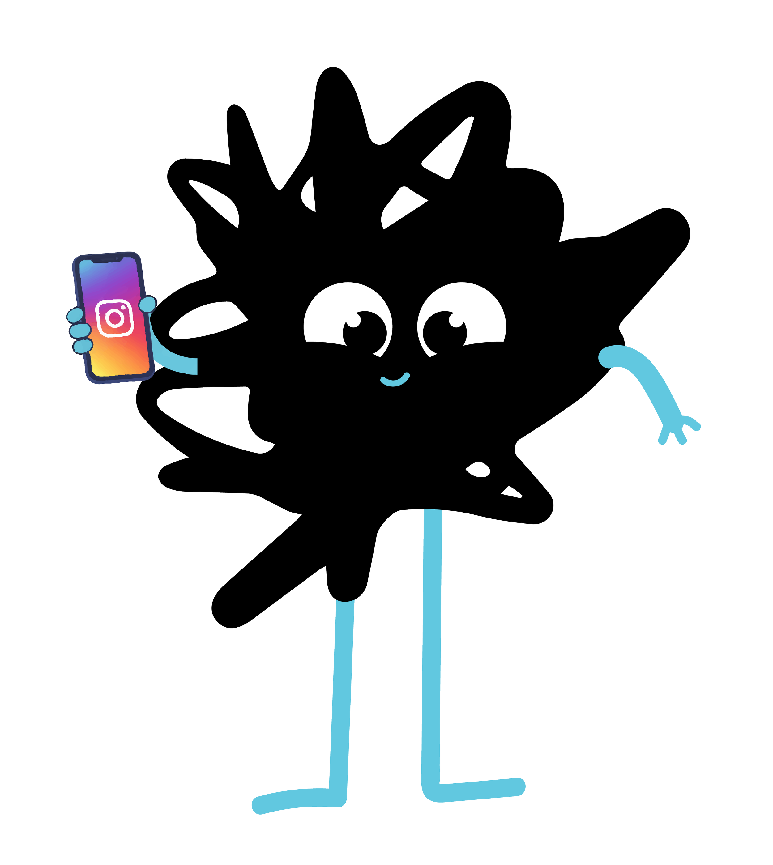 Cartoon character with large eyes and a big happy smile, holding a smartphone with the Instagram logo