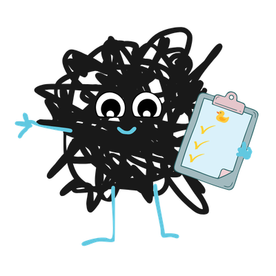 A cartoon black scribble character with a happy face, holding a clipboard with yellow checkmarks.