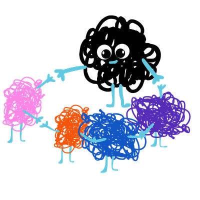 Cartoon illustration of a smiling black character with big eyes, surrounded by colorful little characters representing children