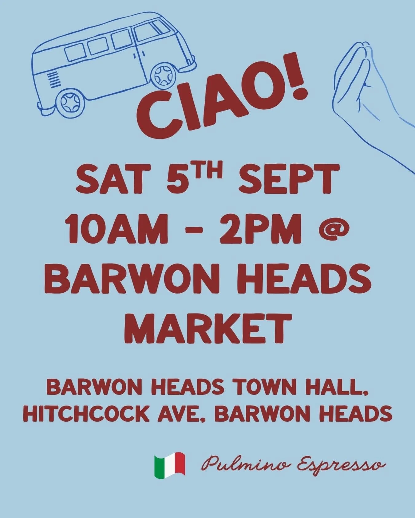 Ciao, Barwon Heads! 🇮🇹☕️

Pulmino is rolling into Barwon Heads Market this Saturday 

@barwonheadsmarket 

Come say ciao, grab a beautiful coffee and have a wander through the market. We&rsquo;ll be pouring from 10am&ndash;2pm.

Ci vediamo 💚🤍&hea