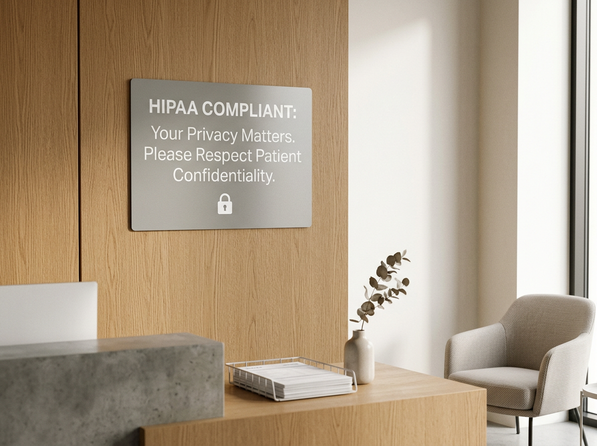 HIPAA compliant sign in a medical office reading 'Your Privacy Matters. Please Respect Patient Confidentiality' with a lock symbol, a table with a vase and eucalyptus branch, and a cozy armchair near a window.
