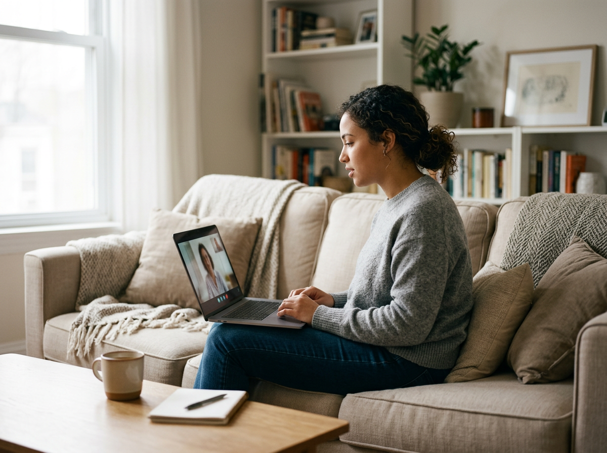 A woman sits on a beige couch in a living room, engaging in a video call on her laptop with a woman wearing a white shirt on the screen. There are bookshelves, a potted plant, and framed artwork in the background, with a coffee mug, notebook, and pen on the wooden coffee table.