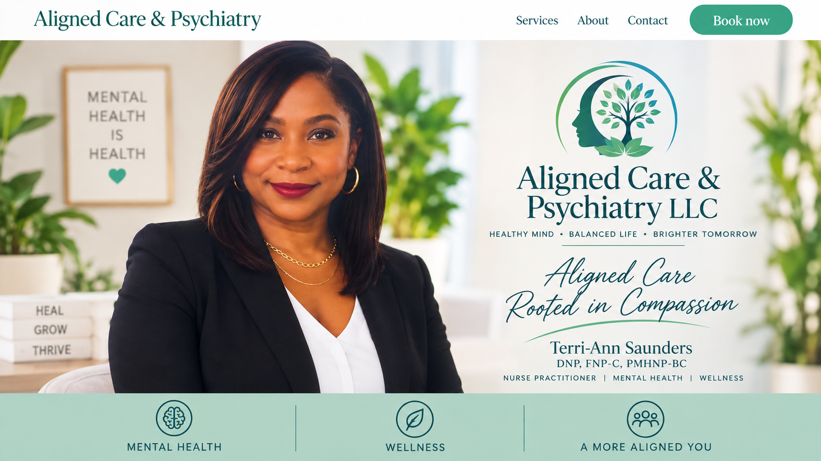 Website homepage for Aligned Care & Psychiatry LLC featuring a woman with dark hair, gold hoop earrings, and a black blazer, sitting in a well-lit room with green plants and a framed sign that says "MENTAL HEALTH IS HEALTH" in the background.
