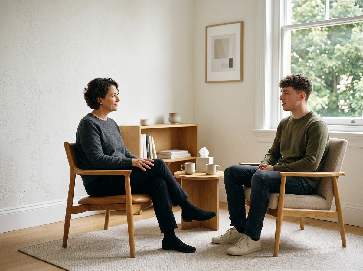 A woman and a young man sit facing each other in a therapy session or counseling setting, in a bright room with large window and minimal decor.