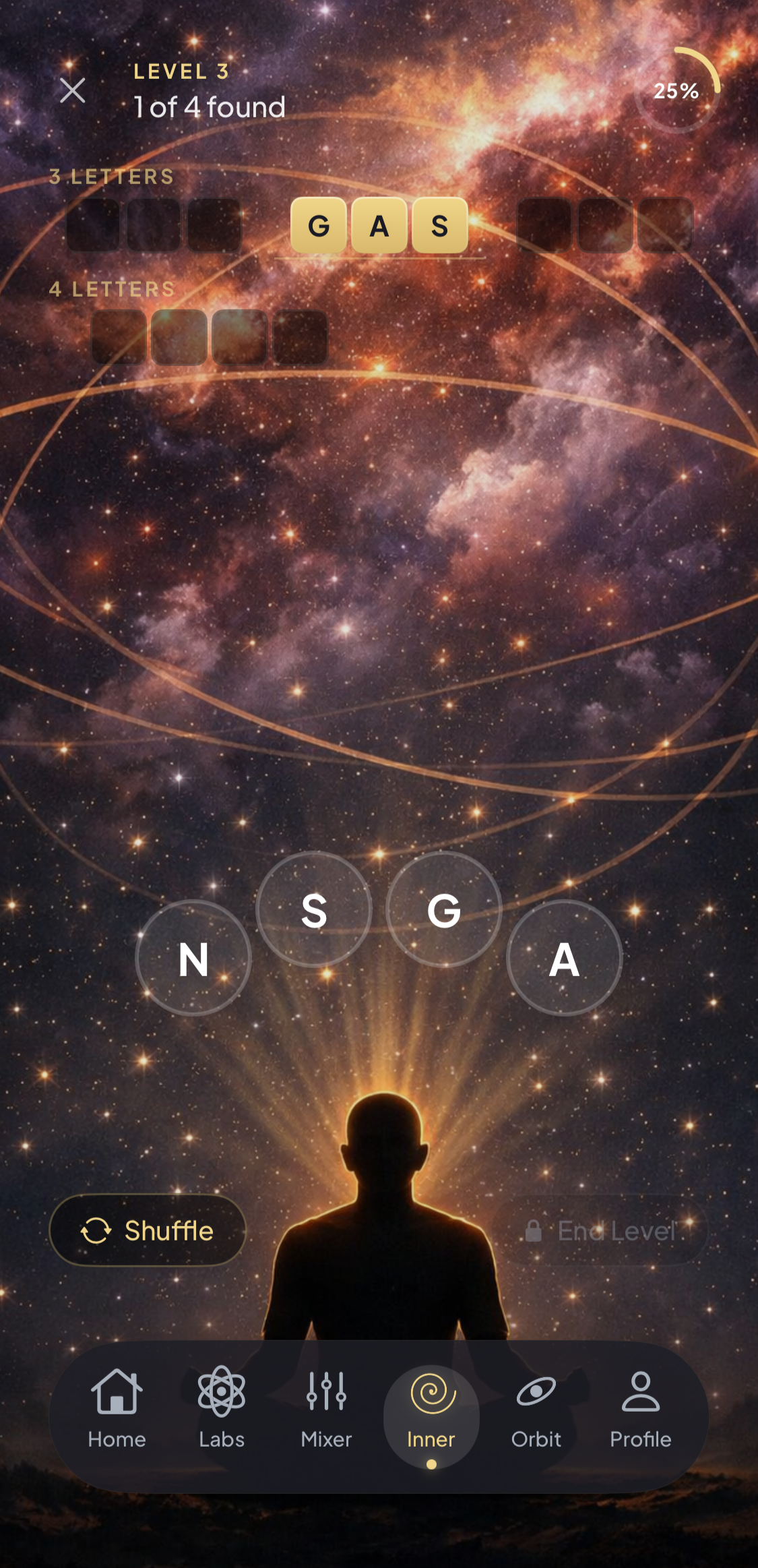 Inner Orbit word puzzle gameplay with cosmic background