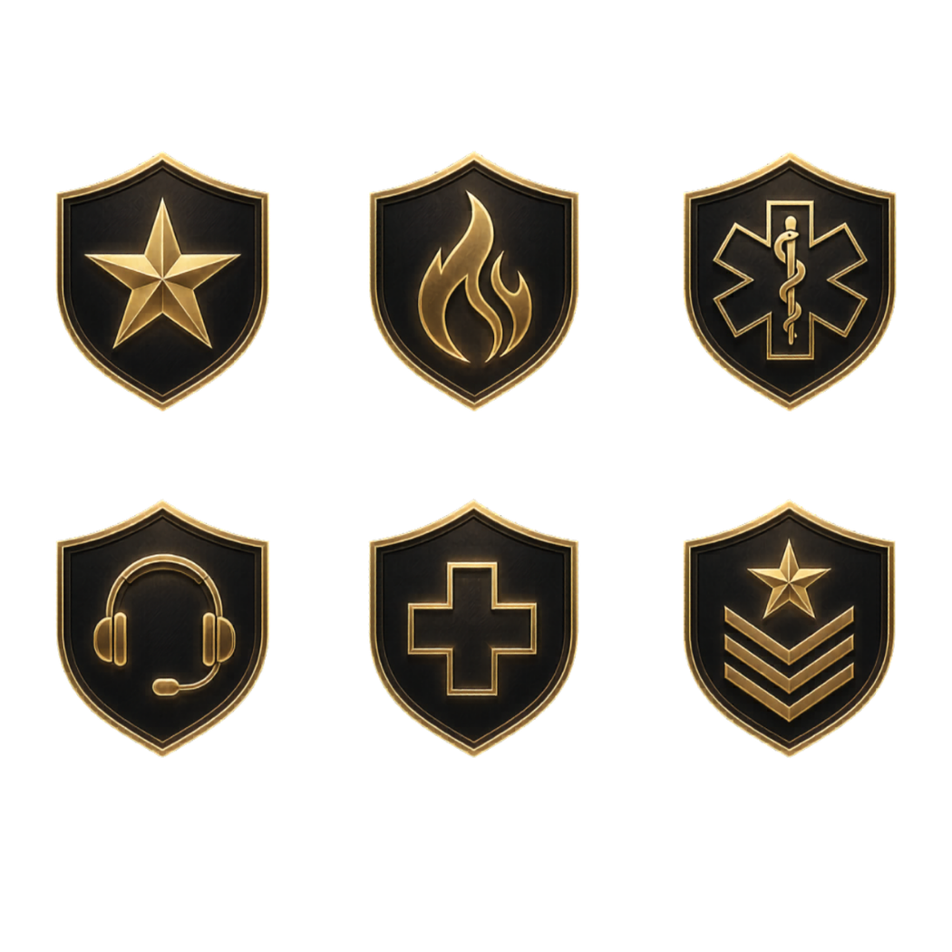 Service profession badges for police, fire, EMS, dispatch, healthcare, and military