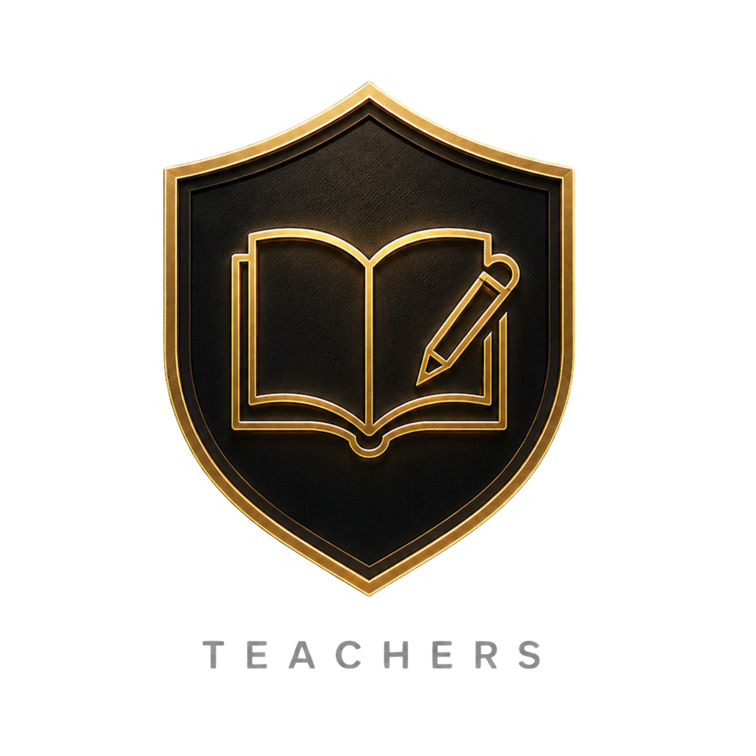 A badge with a shield shape, black background, and gold border featuring a book and pencil in gold. Below the badge is the text 'TEACHERS'.