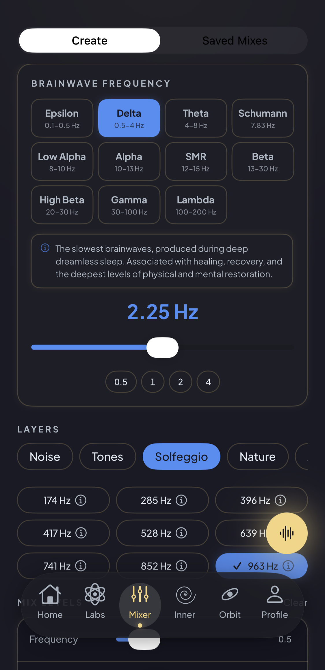 Sound Orbit Mixer interface showing brainwave bands and sound layers