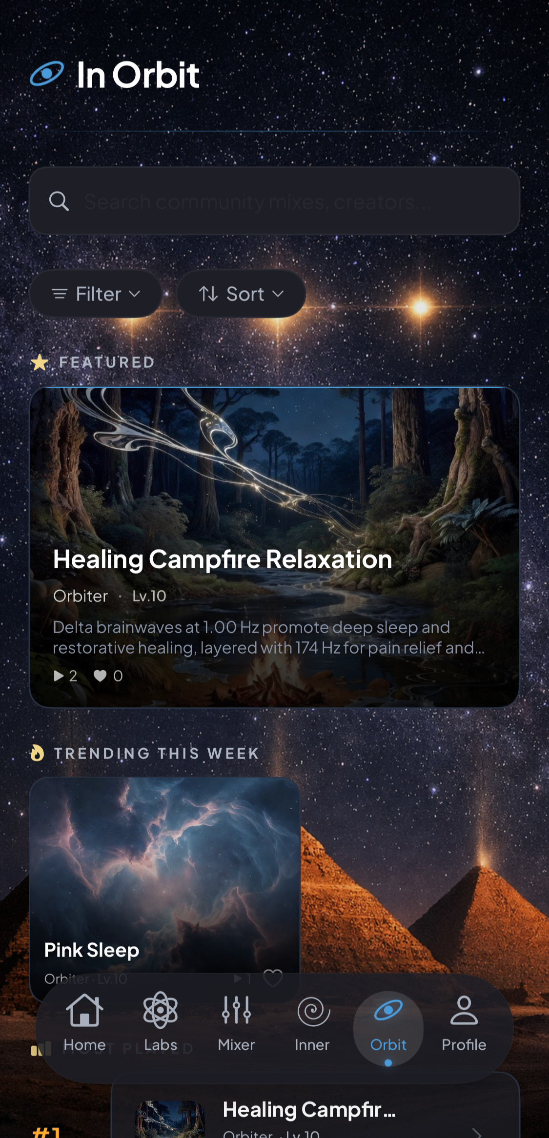 In Orbit community feed showing user-shared mixes