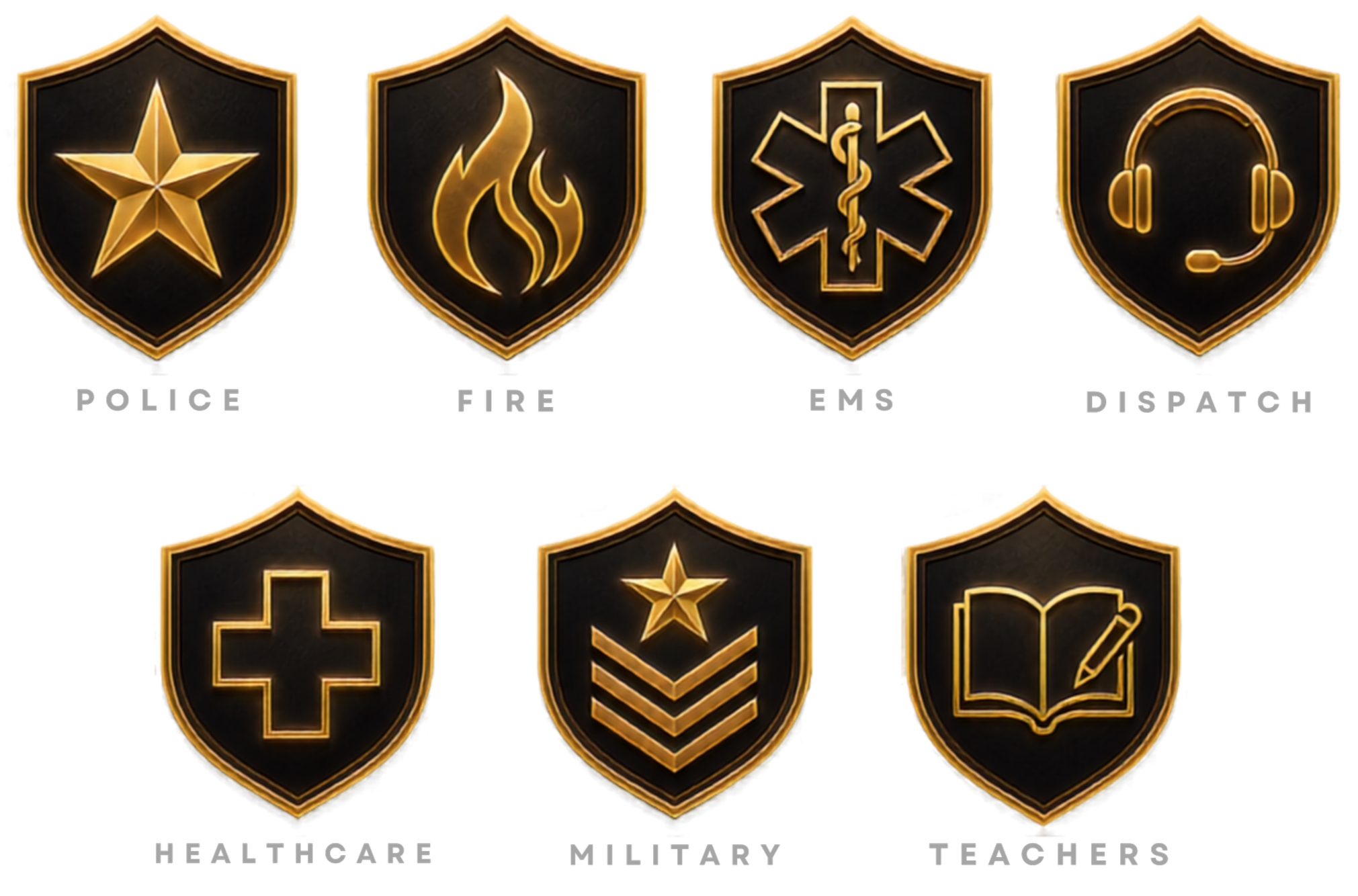 A series of black military-style badges with gold outlines and icons, including a star, flame, medical symbol, headphones, cross, star, chevron, and book, with labels such as Police, Fire, EMS, Dispatch, Healthcare, Military, Teachers.