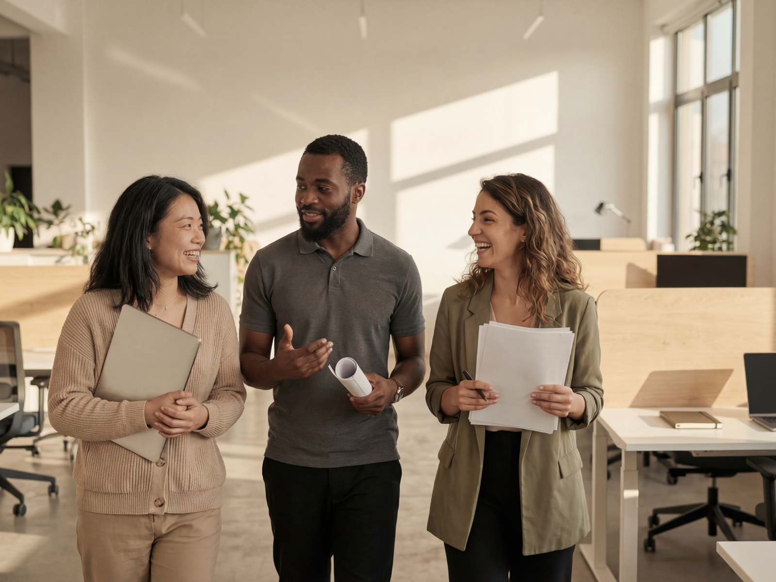 Three coworkers, two women and one man, having a friendly conversation in a modern office space with desks and large windows.