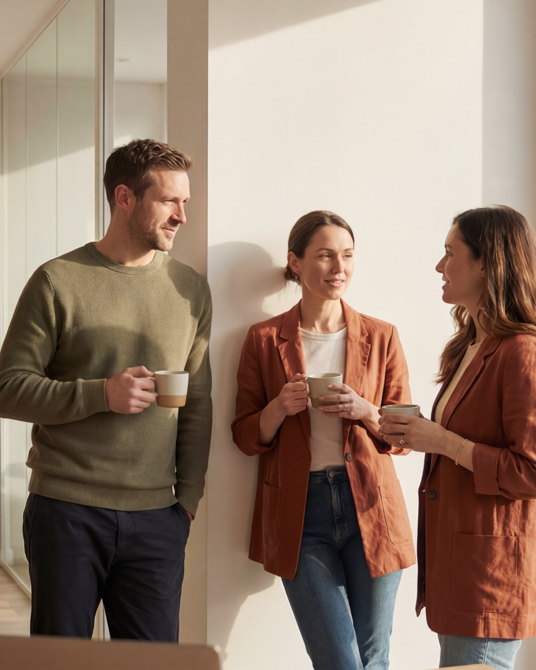 Three people, two women and one man, having a conversation while holding coffee mugs in a well-lit room.