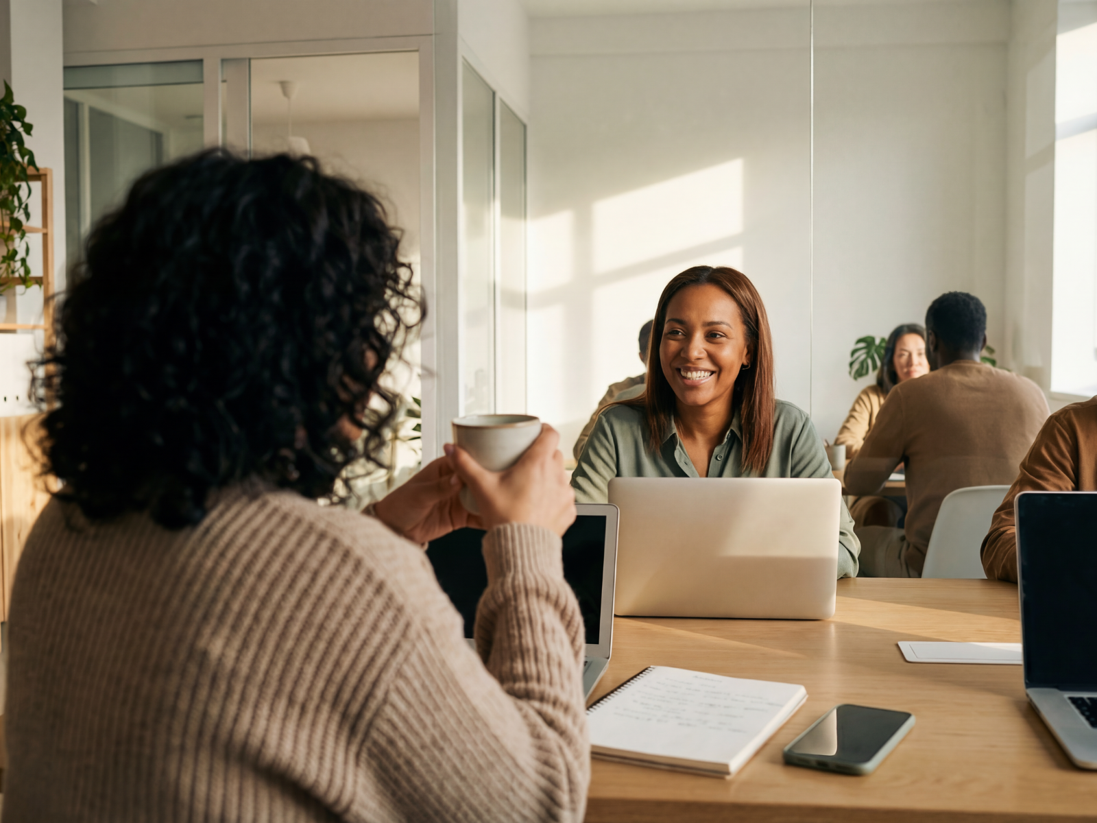 Two women having a conversation in a bright, modern office or cafe. One woman is holding a coffee mug, and the other woman is smiling in front of a laptop. Others are visible in the background.