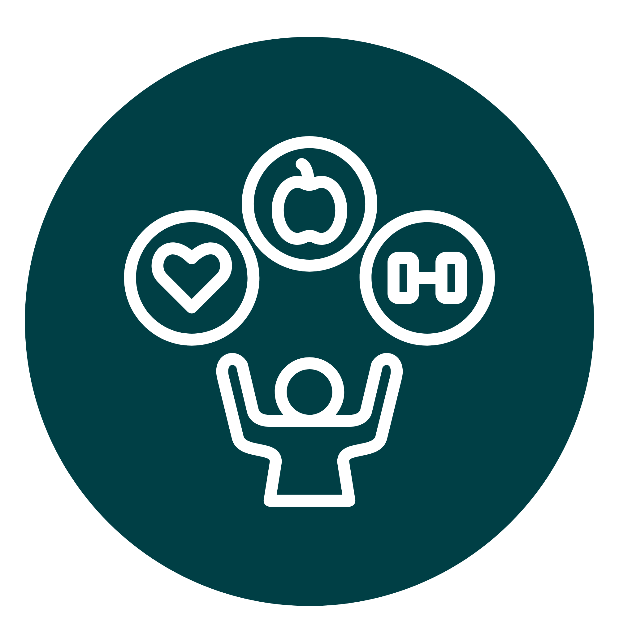 Circular icon with white outline of a person with a fitness dumb bell, heart, apple, representing a whole person wellbeing programmeon a teal background.