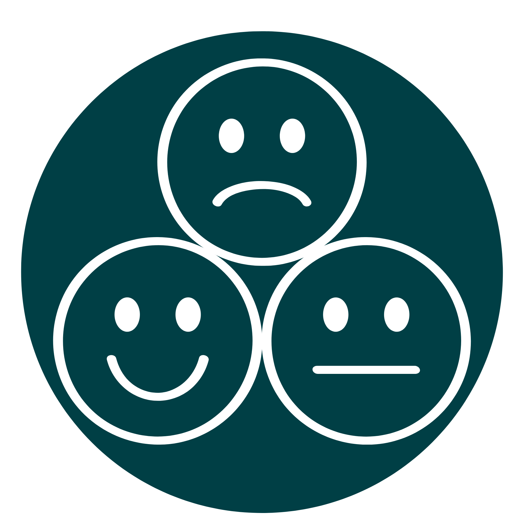 Close-up of a dark teal icon with white emotion icons representing a wide range of emotions.