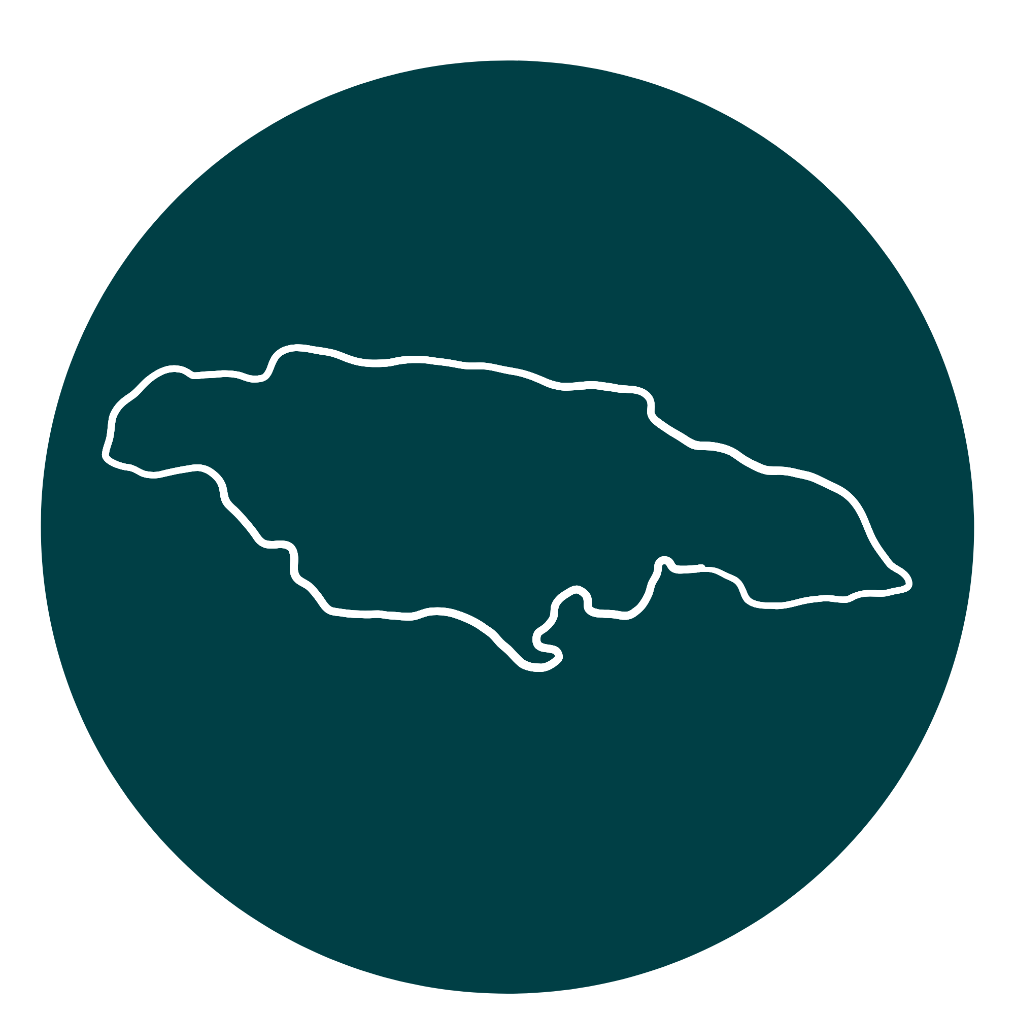 Teal icon with the island of Jamaica outline, representing destination wellness retreats offered by Mahoe Movement.