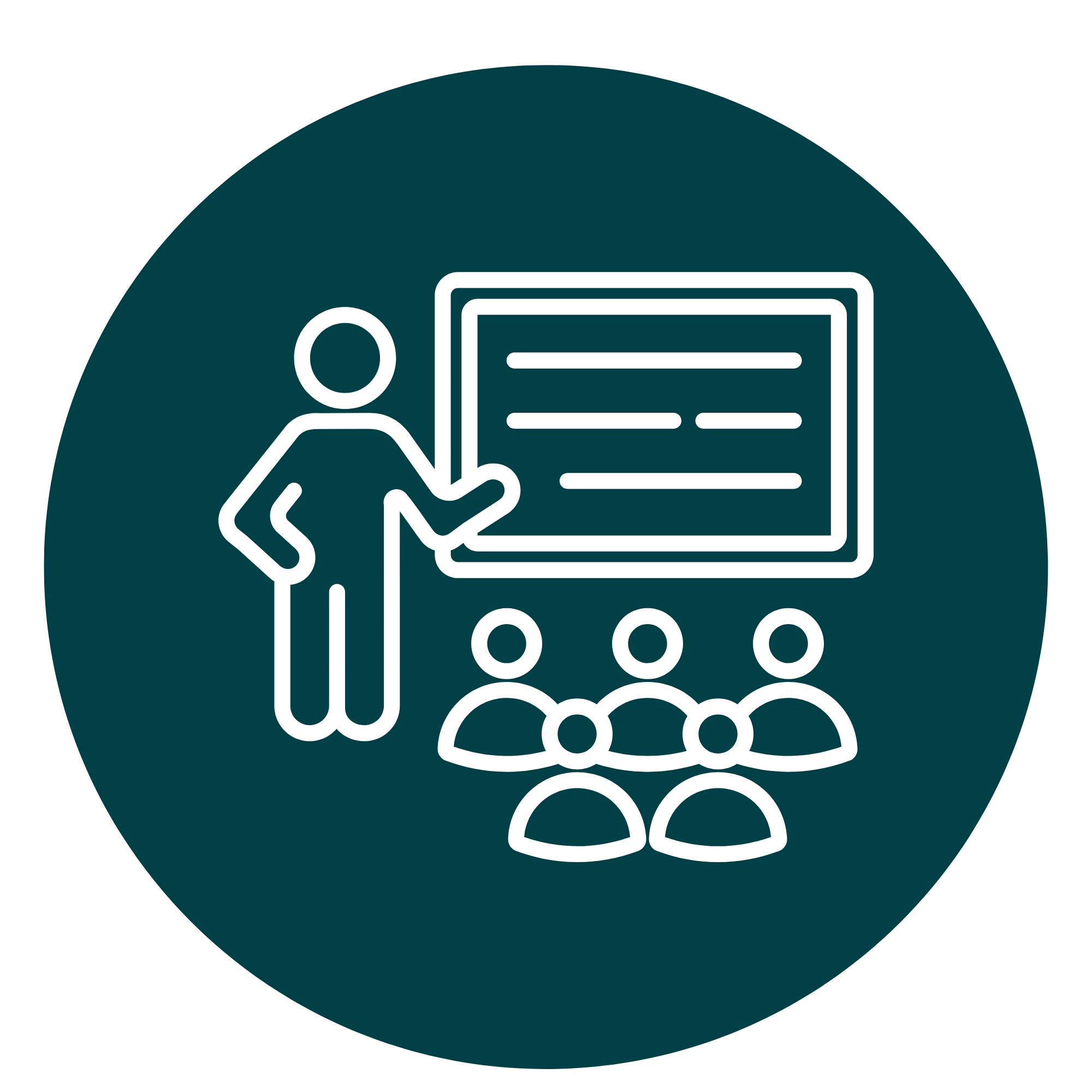 Teal icon representation of a classroom with teachers and students.