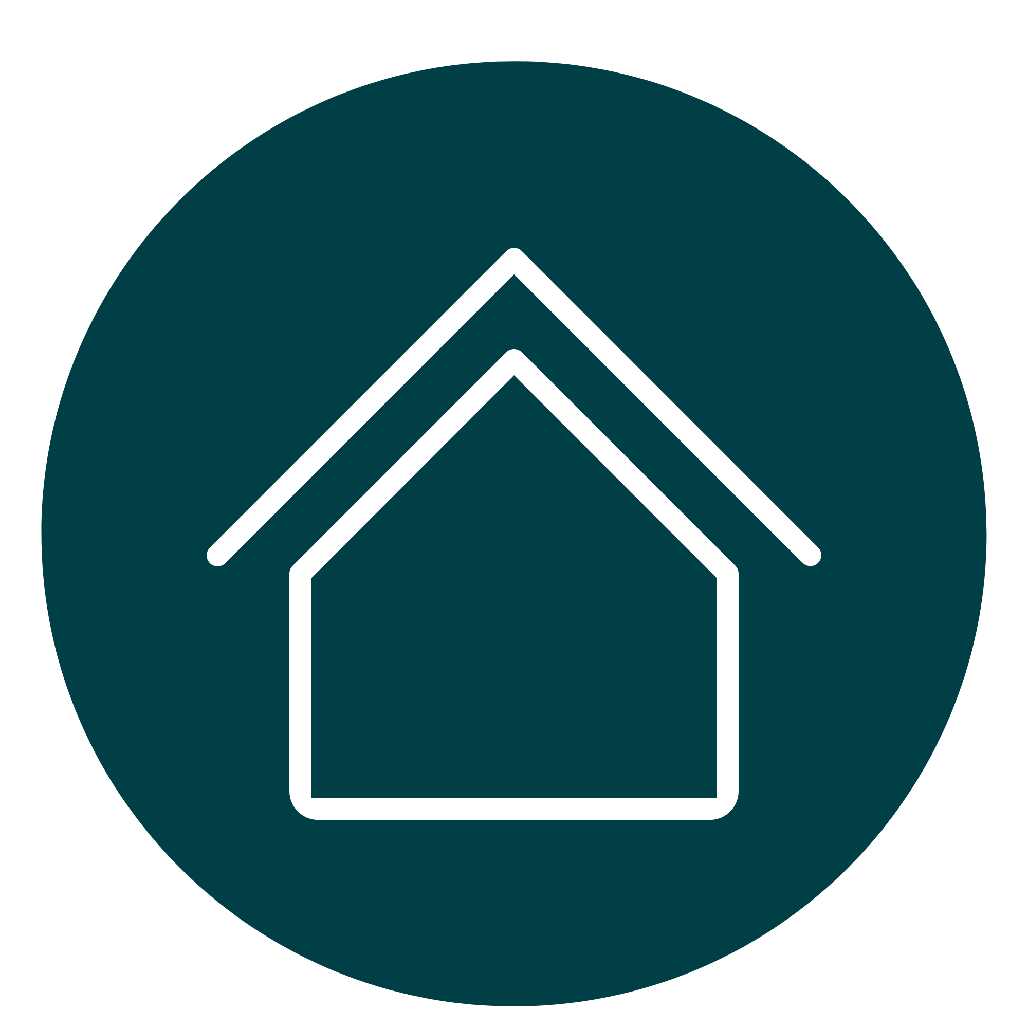 A circular emblem with a house icon in the center, surrounded by a dark teal background and a white border represent residential life programming in the boarding school environment.