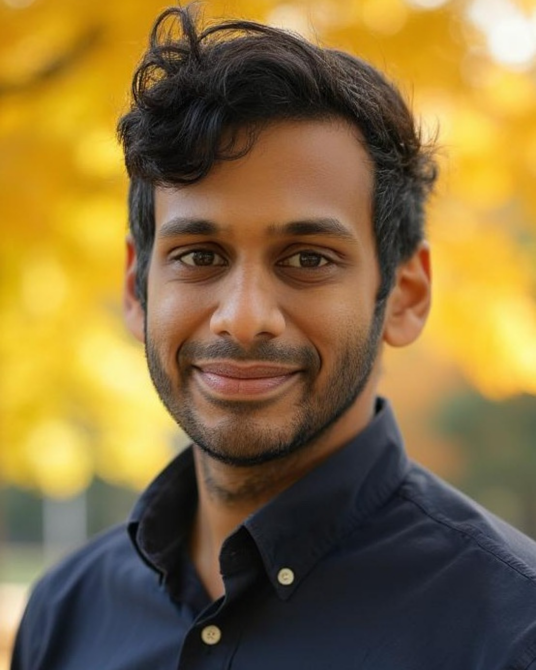 Close-up portrait of a young man Mahoe Movement yoga and meditation instructor Sunny Kanneganti with dark hair, brown eyes, and a beard, smiling outdoors with blurred yellow and green autumn foliage in the background, wearing a dark collared shirt.