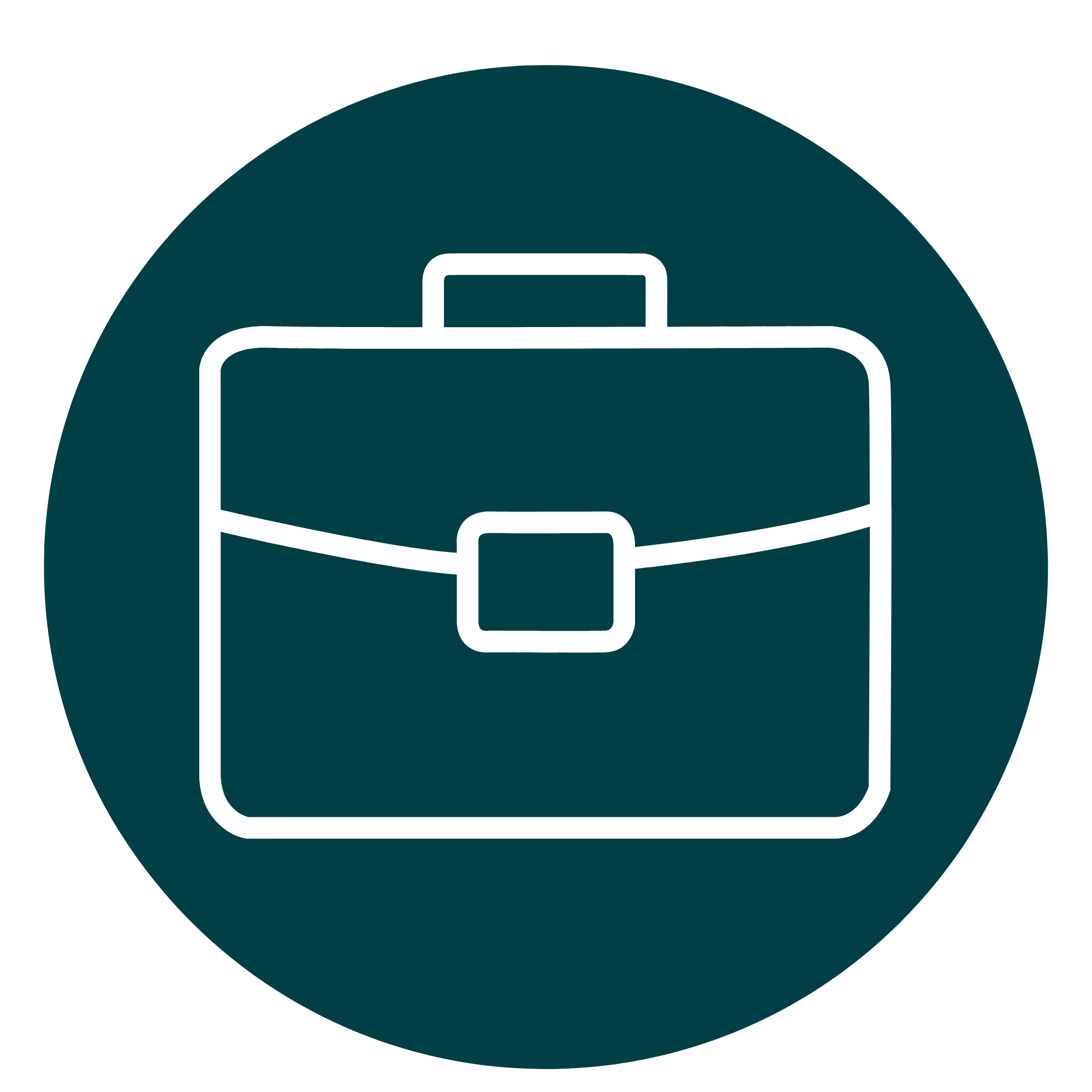 Teal icon of a professional briefcase representing professional development and pursuit of progress.