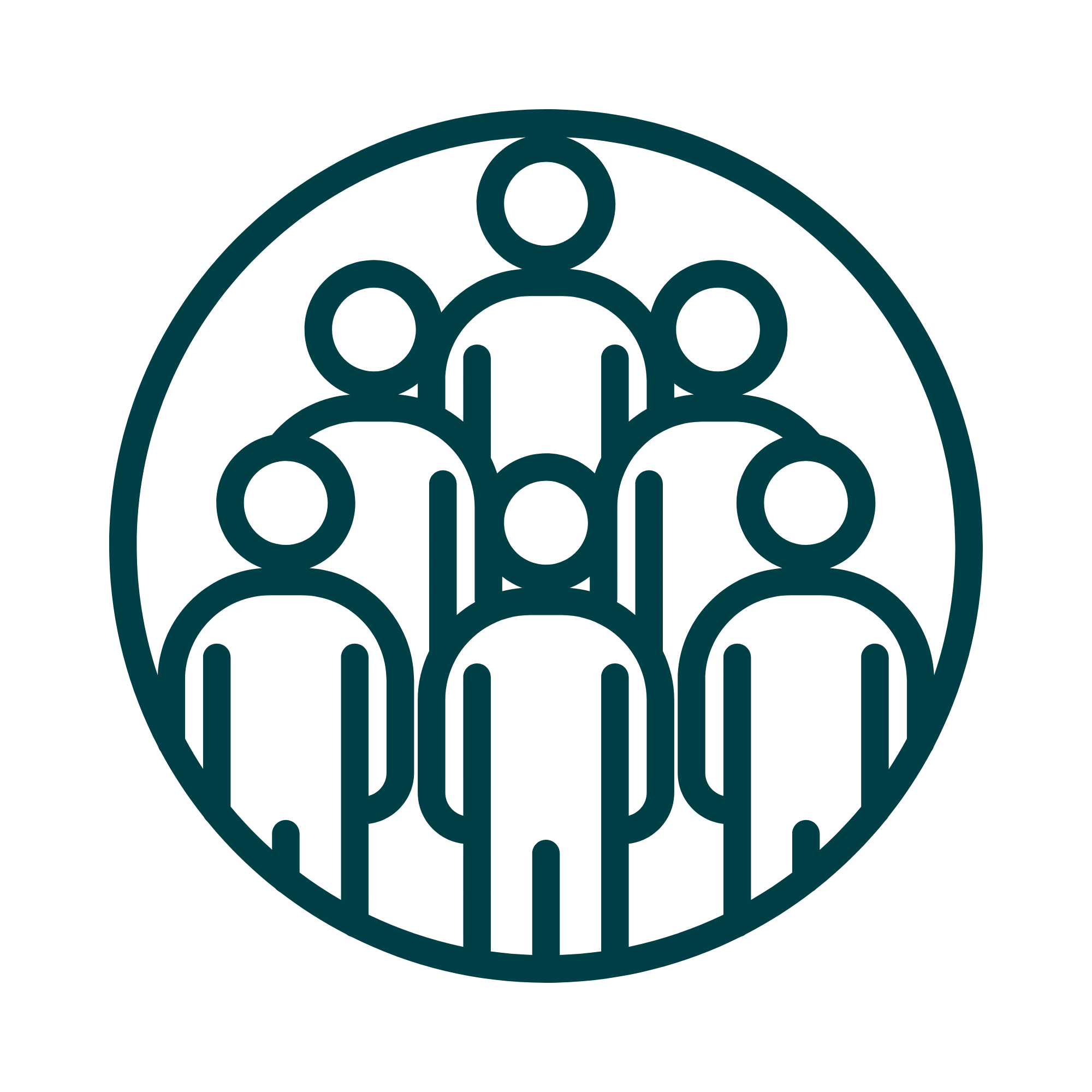 a line drawing of a group of people within a circle.
