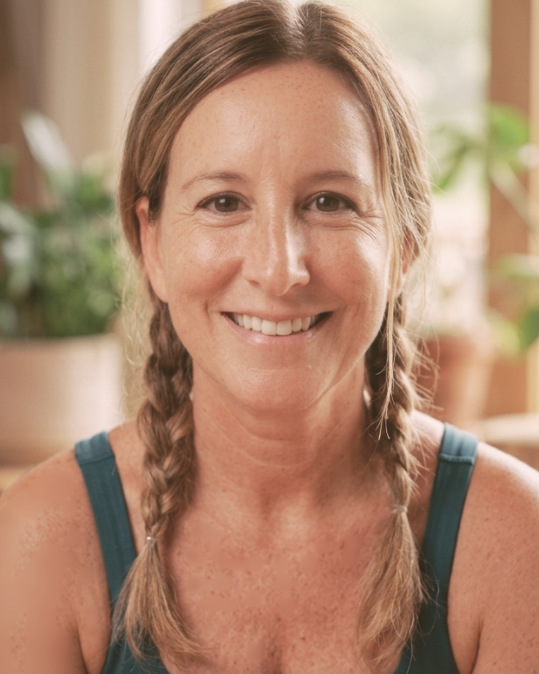 Smiling woman Mahoe Movement founder Meredith Walker with braided hair wearing a teal tank top, indoors with potted plants in the background.