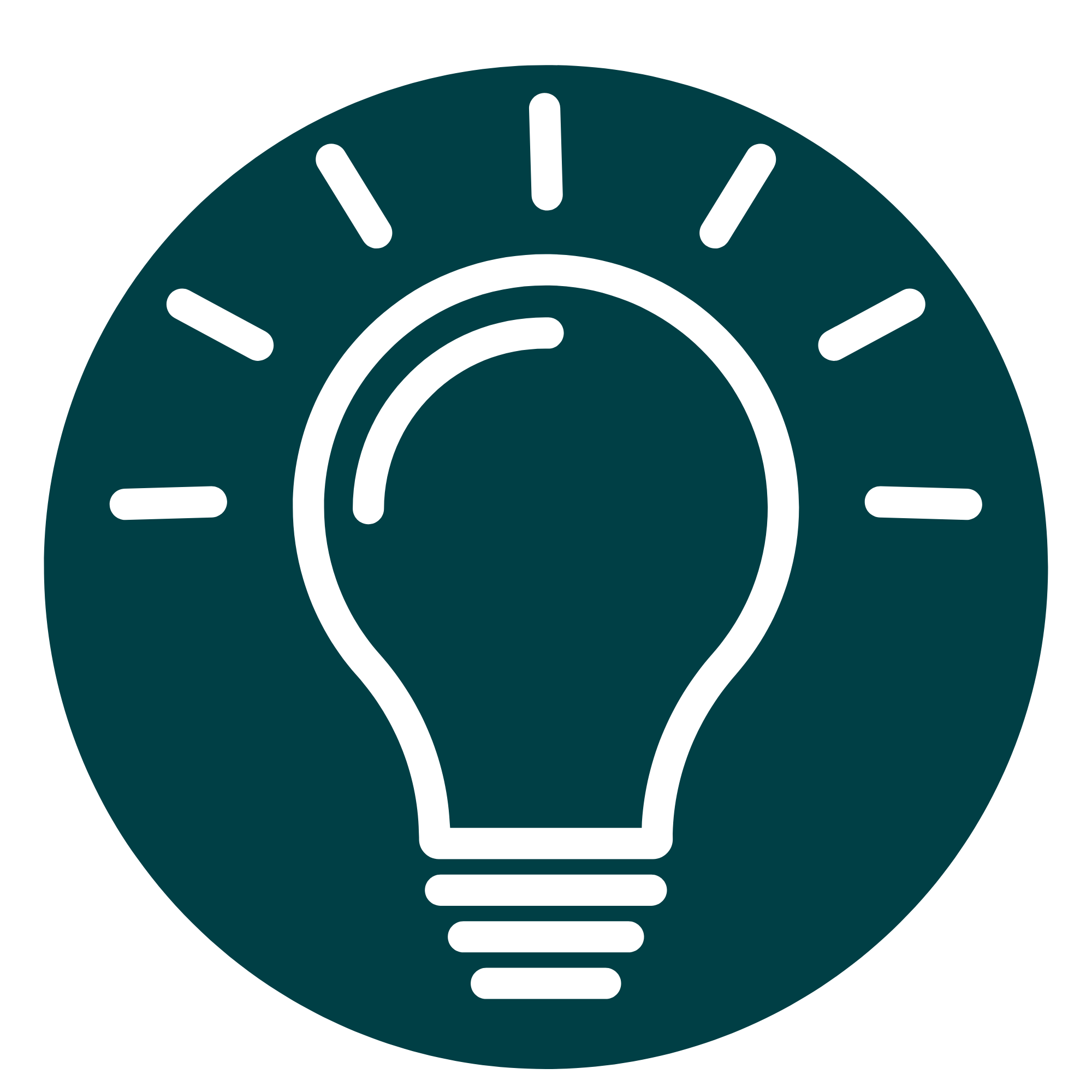 Teal icon of a light bulb with a circle around it, representing ideas, innovation student development, mentorship and leadership.