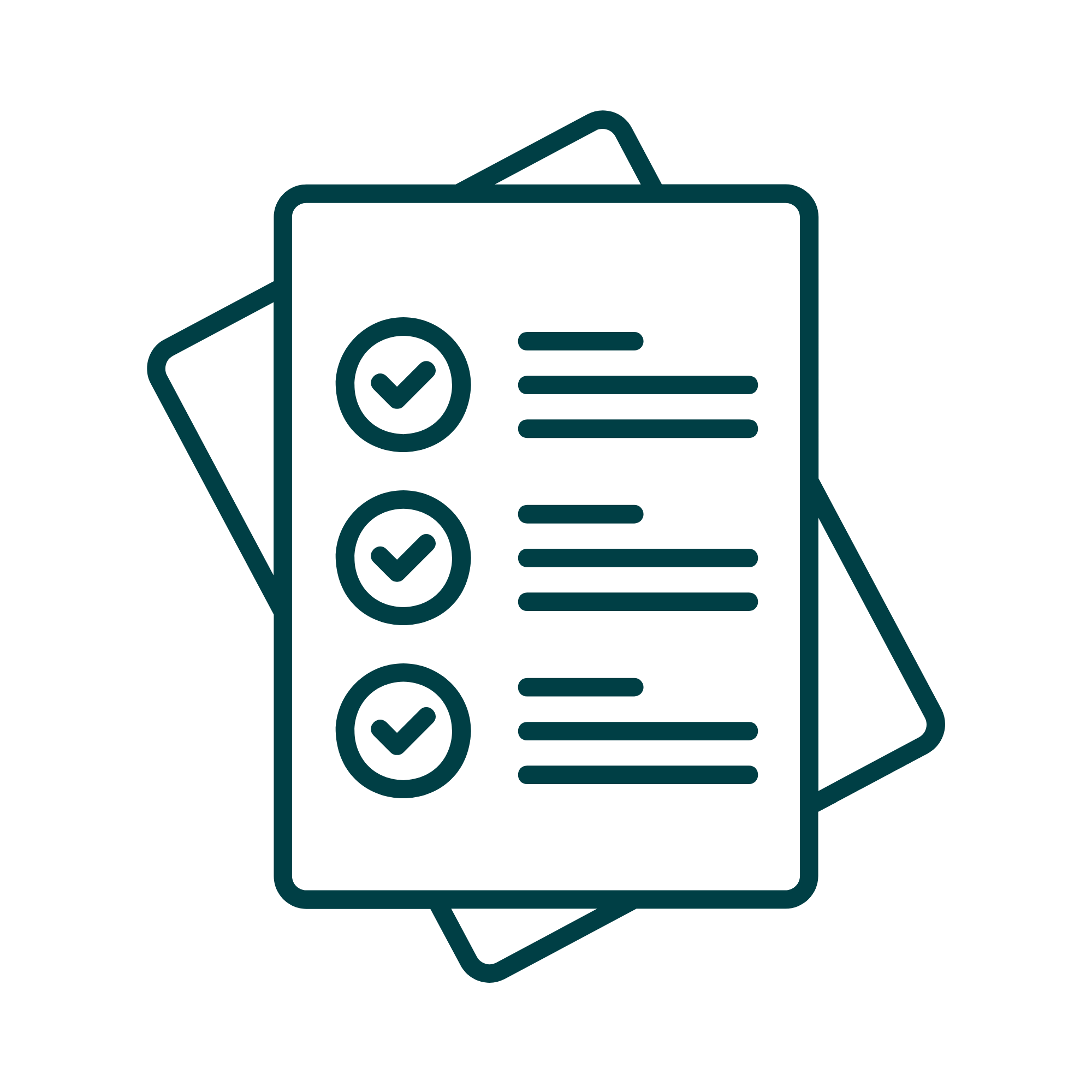 Outline-style digital illustration of a document with a checkmark inside a circle on it, with a sheet of paper behind it.