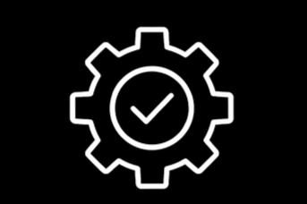 Gear icon with a checkmark inside, on a black background.