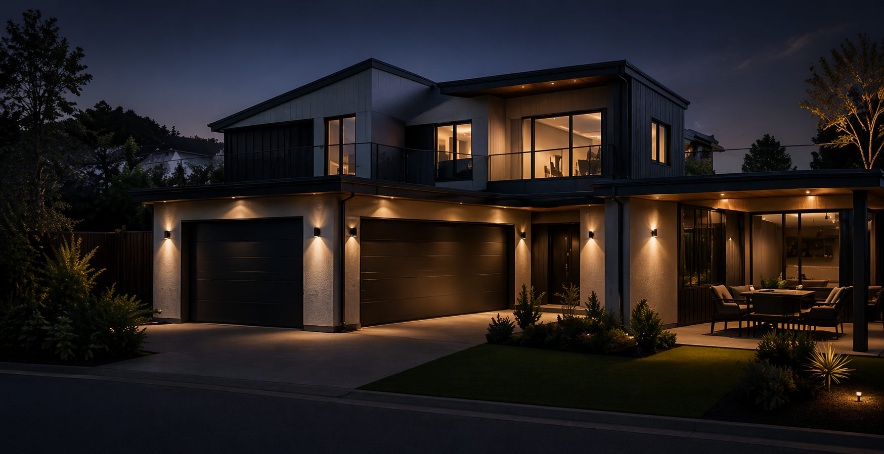Modern two-story house at night with illuminated exterior lighting, featuring a driveway, garage, porch with outdoor seating, and large windows revealing interior rooms.