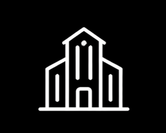 A simple white line drawing of a large building with a central archway and three tall windows, set against a black background.