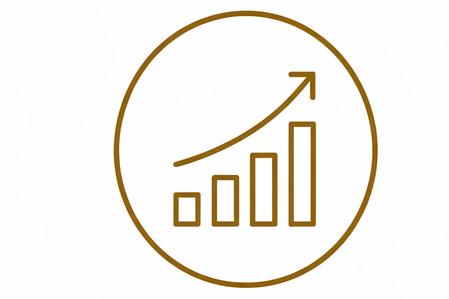 Line graph showing upward trend inside a circle.