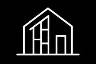 Line drawing of a house with a sloped roof, multiple windows, and a door, on a black background.