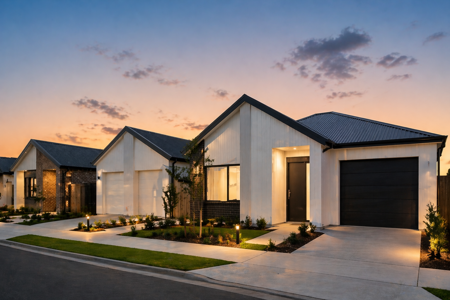 Modern suburban houses at sunset with manicured lawns and outdoor lighting.