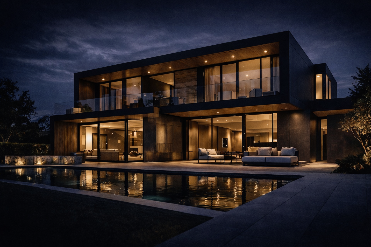 Modern two-story house at night with large glass windows, illuminated interior, outdoor seating area, and pool reflecting the house lights.
